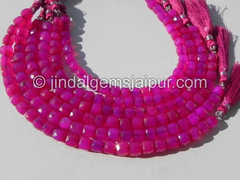 Raspberry Chalsydony Faceted Cube Shape Beads